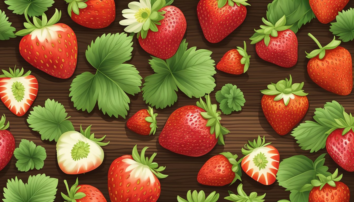 A variety of strawberries at different stages of ripeness, from green to deep red, arranged on a wooden cutting board