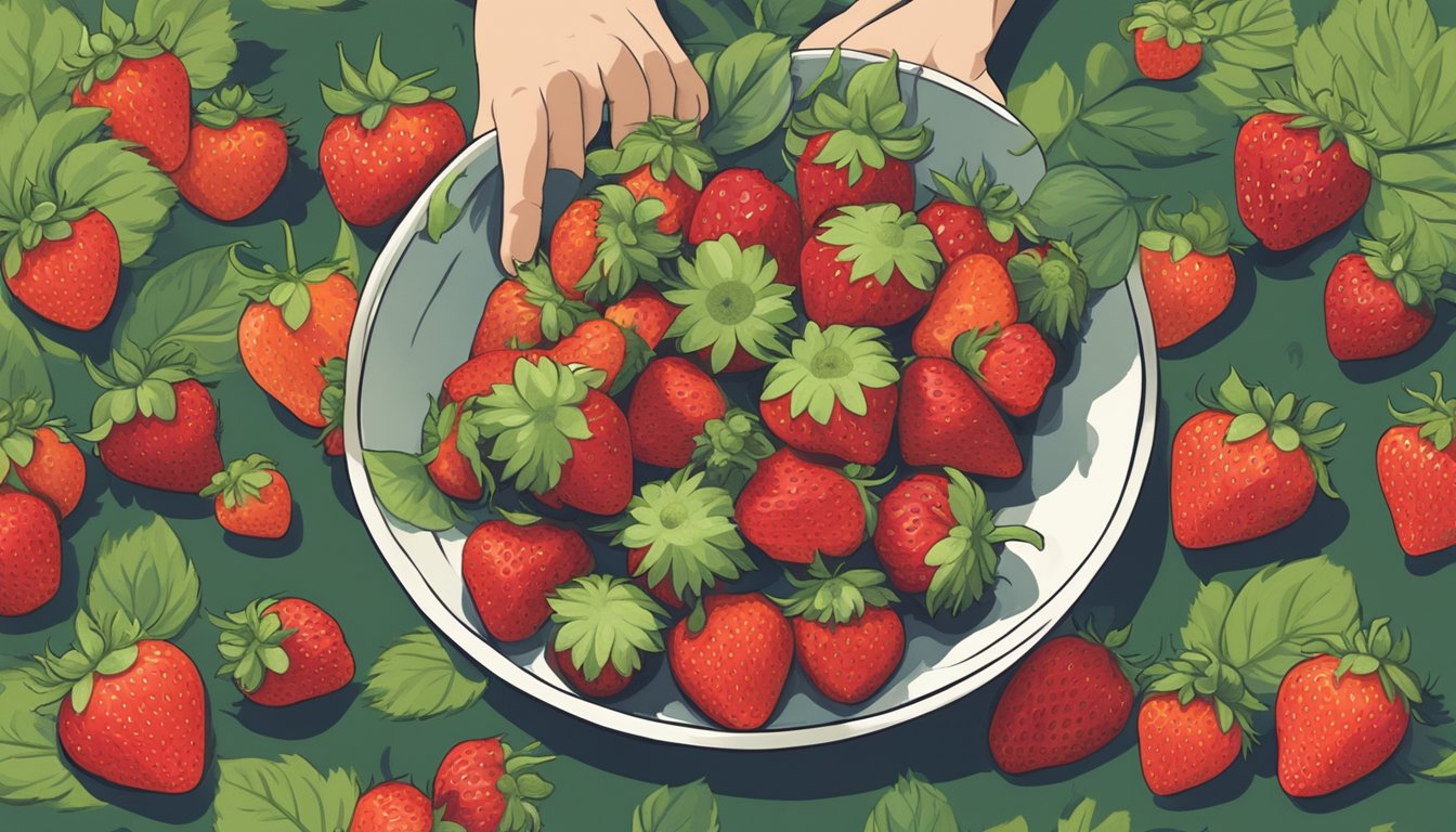 A person holding a bowl of unripe strawberries, looking uncertain. Nearby, a sign with a question mark and a pile of ripe, red strawberries