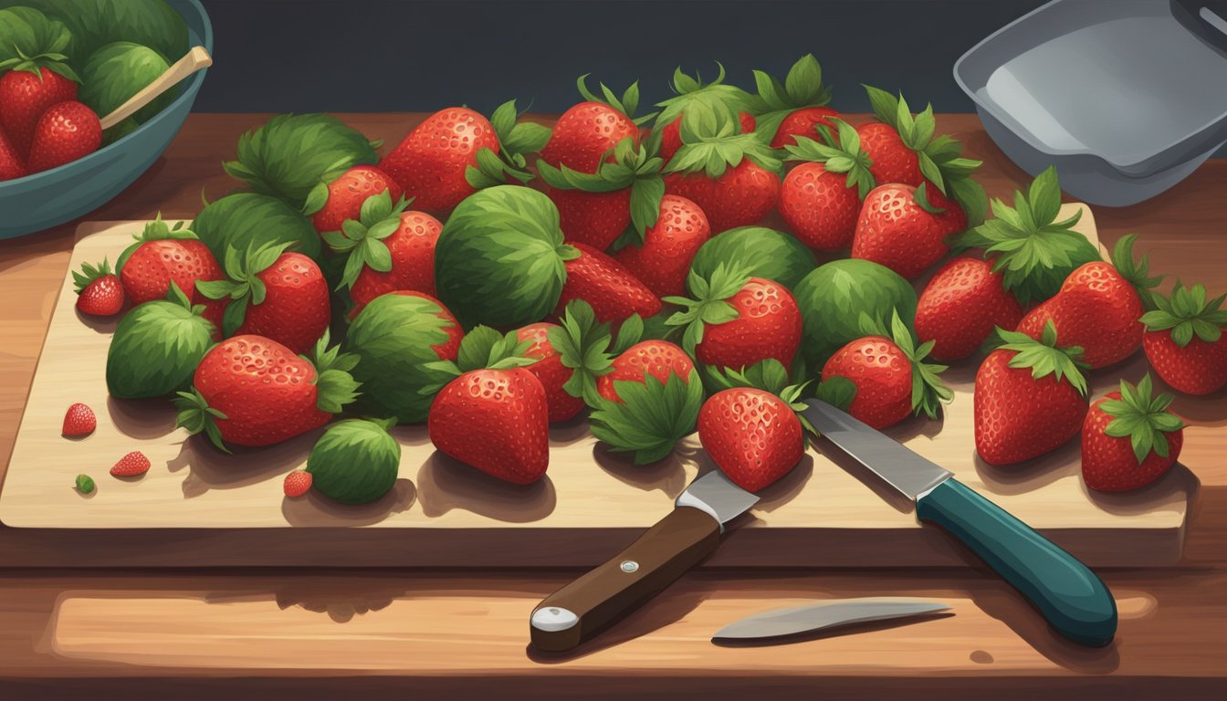 A pile of unripe strawberries on a cutting board, with a knife and a concerned person looking at them