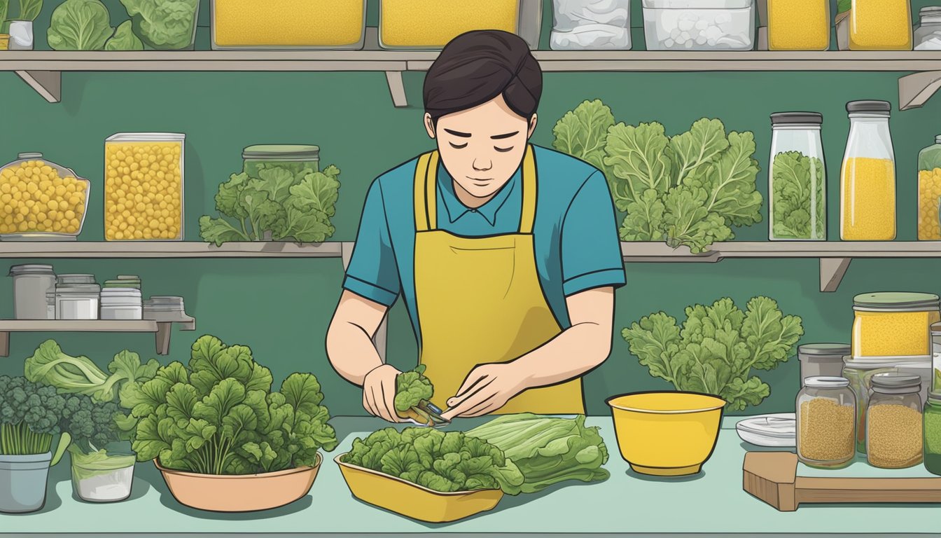 A person examining mustard greens with a thoughtful expression, surrounded by various food safety resources and information