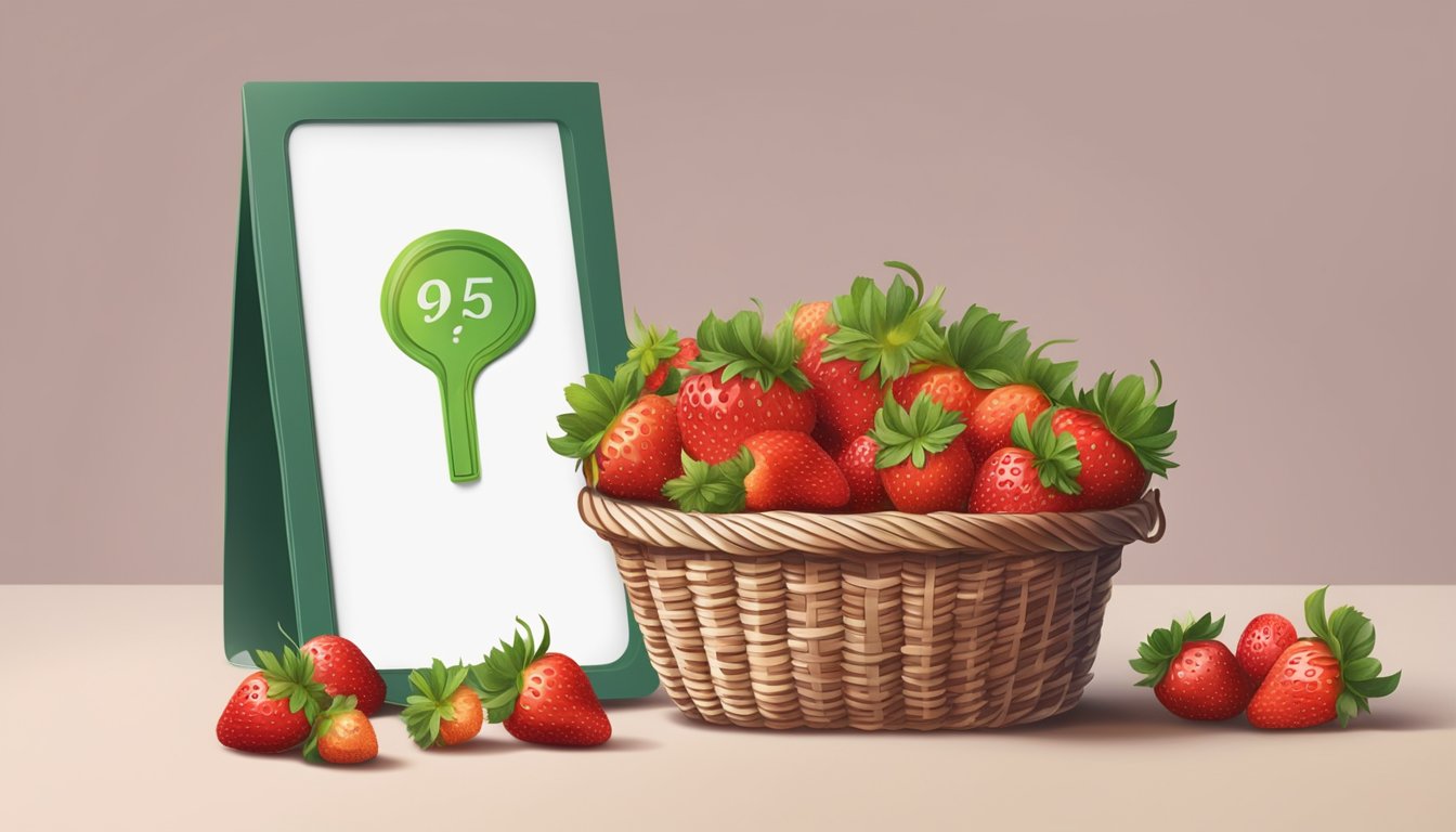 A basket of unripe strawberries with green stems and pale red color, positioned next to a sign with a question mark