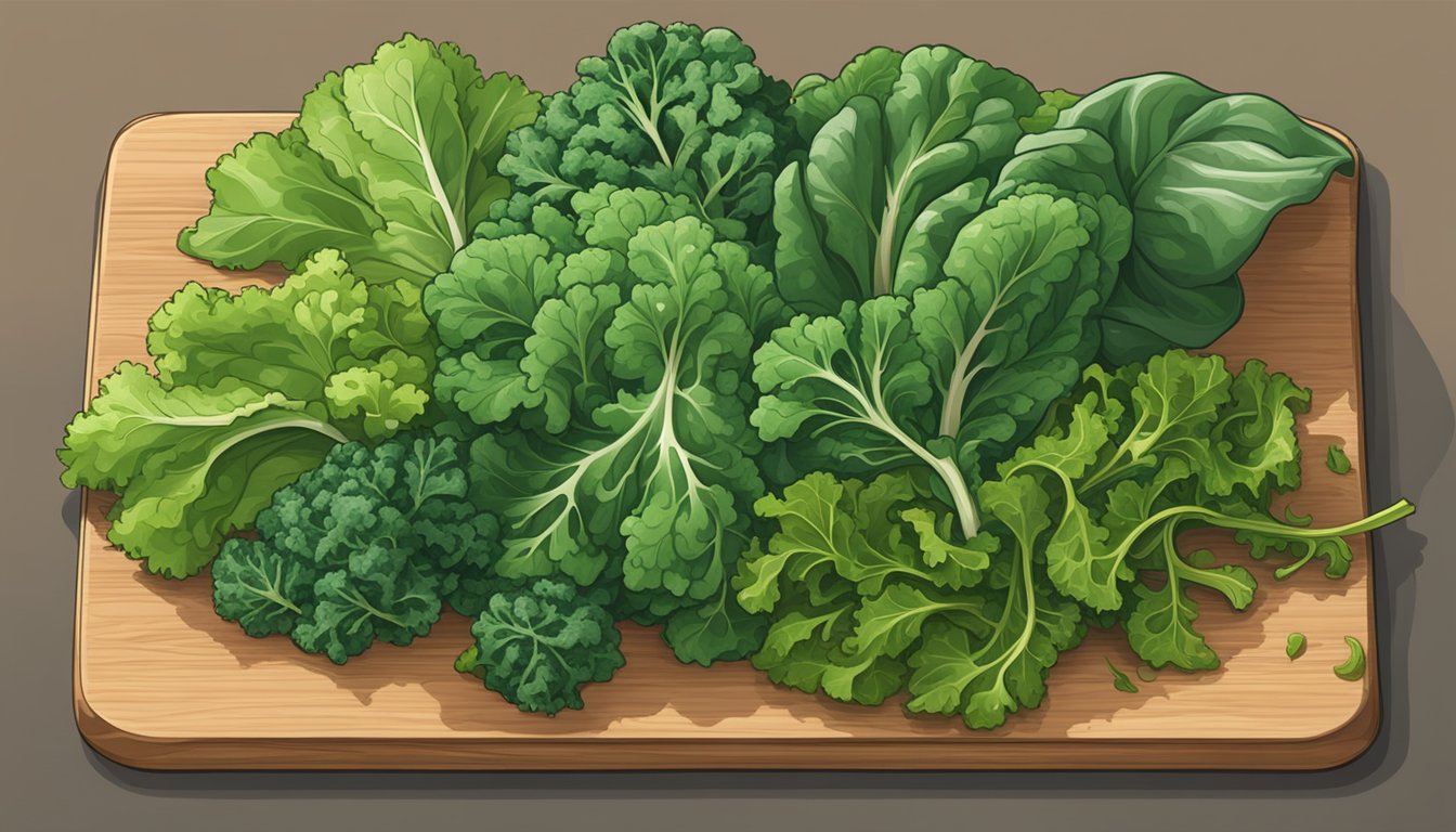 A pile of mustard greens, kale, and spinach arranged on a wooden cutting board for comparison