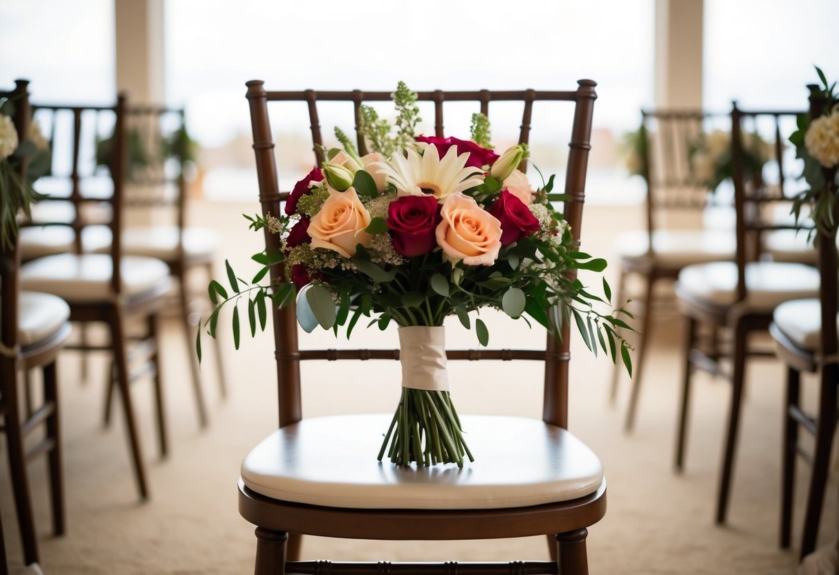 A bouquet of her favorite flowers placed on an empty chair at the ceremony