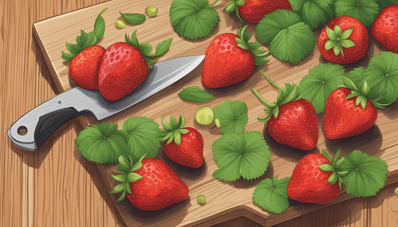 A pile of unripe strawberries on a cutting board, next to a knife and a nutrition facts label