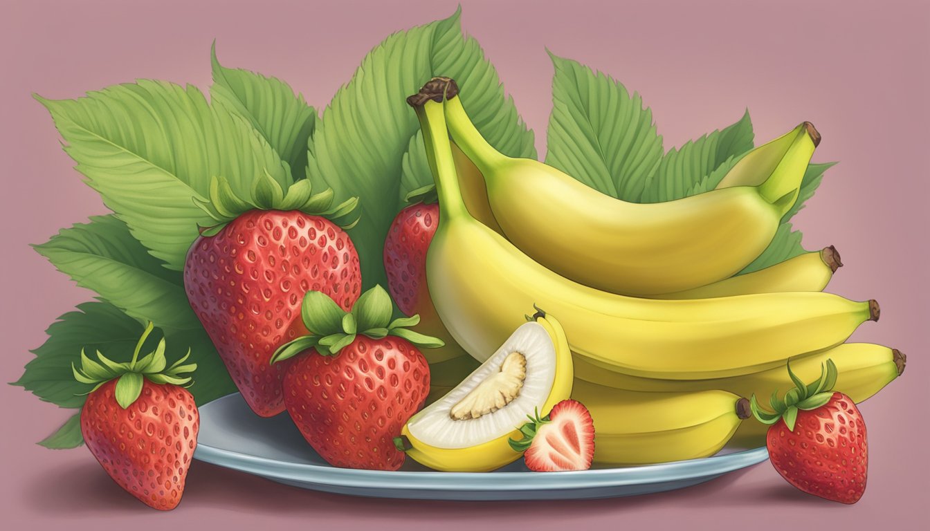 A bowl of unripe strawberries next to a ripening banana emitting ethylene gas