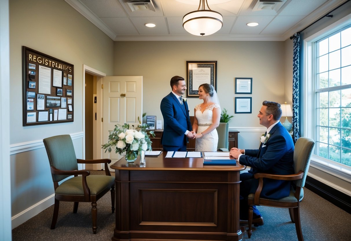 A registrar's office with a desk, chairs, and wedding-related decor. A couple stands at the desk, discussing wedding details with the registrar