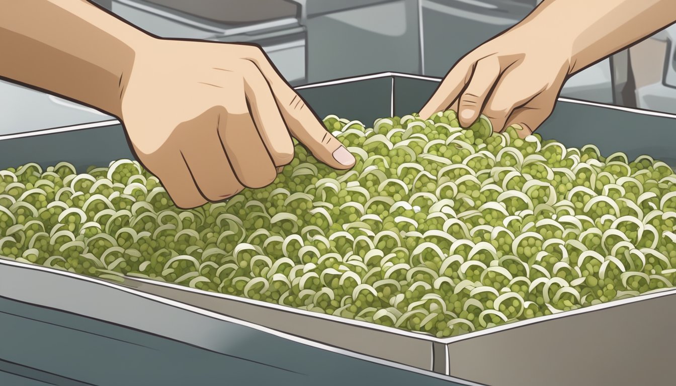 A person examining a batch of fresh mung bean sprouts, looking closely for any signs of spoilage or contamination