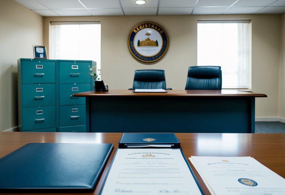 A registrar's office with a desk, chairs, and filing cabinets. A wedding certificate and legal documents on the desk