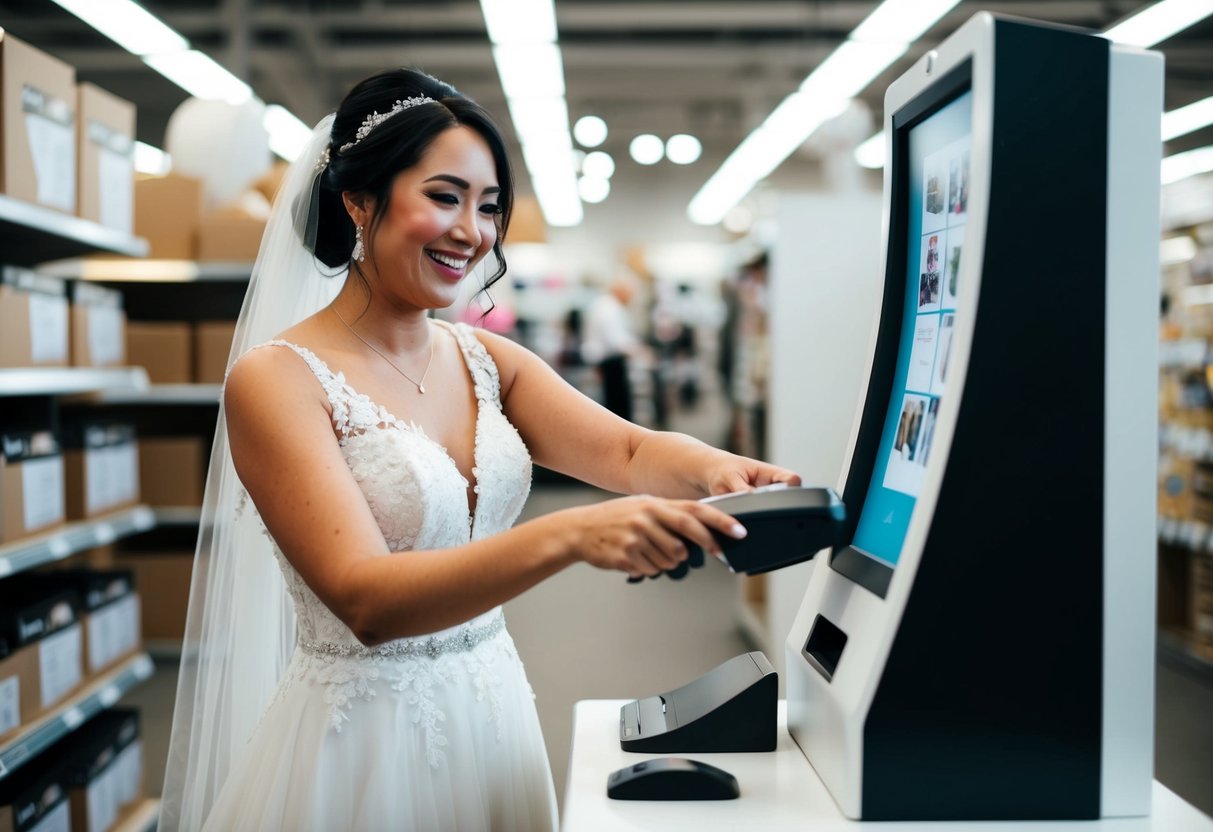 A bride happily scanning items with a scanner at a gift registry kiosk in a store
