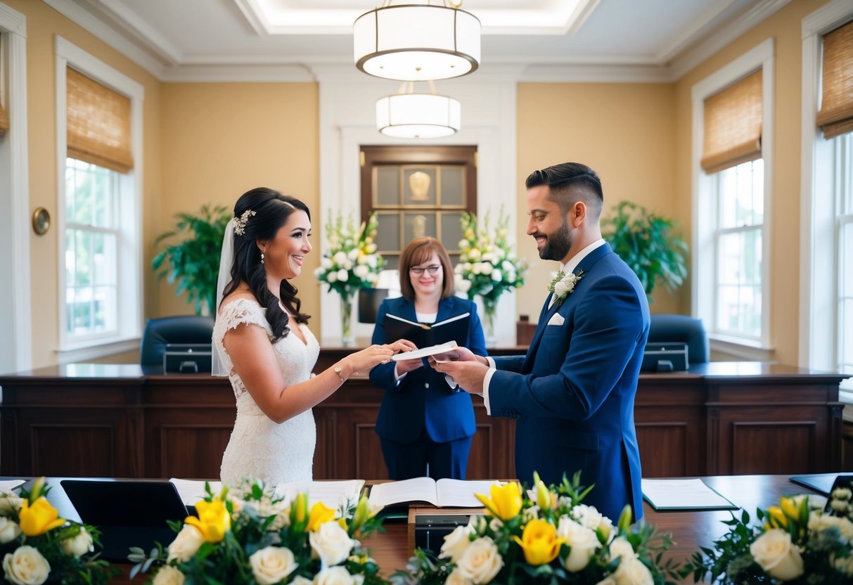 A registrar's office with a couple exchanging vows, surrounded by flowers and decorations