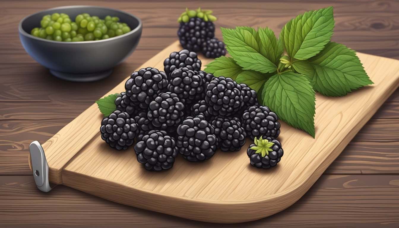 A pile of blackberries, some ripe and some unripe, sit on a wooden cutting board next to a knife and a nutrition label