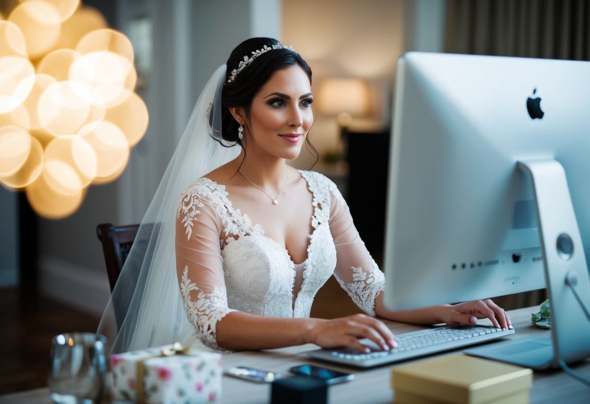 A bride sits at a computer, browsing through various items and adding them to her online gift registry. She looks thoughtful and focused as she considers different options