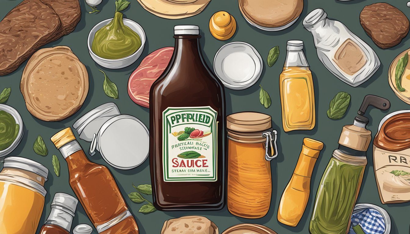 A bottle of expired steak sauce sits in a pantry, surrounded by other condiments