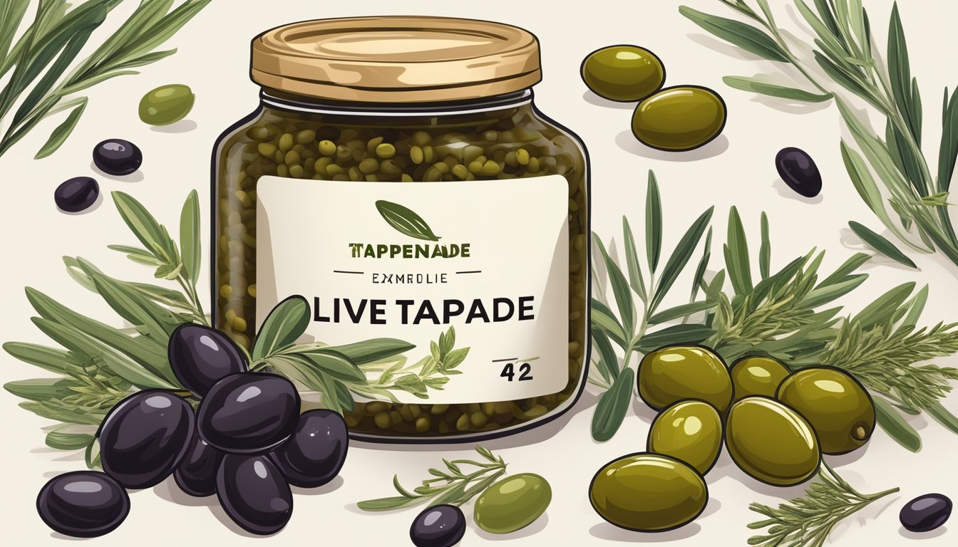 A jar of olive tapenade with a visible expiration date on the label, surrounded by various types of olives and herbs