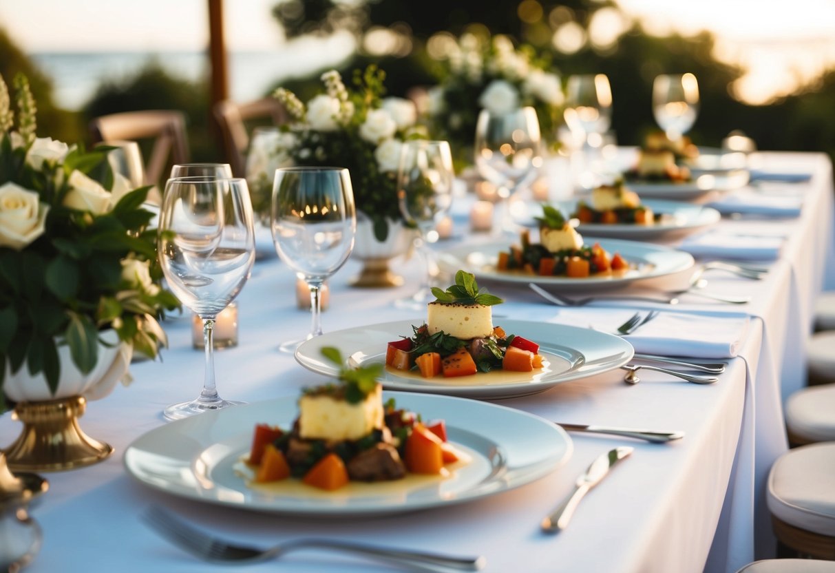A beautifully set wedding table with elegant place settings and a delicious meal being served