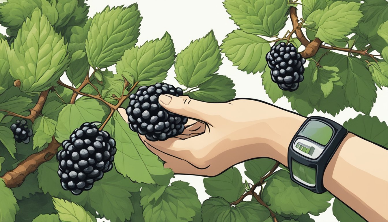 A person picking unripe blackberries from a bush, examining them cautiously before deciding whether it's safe to eat