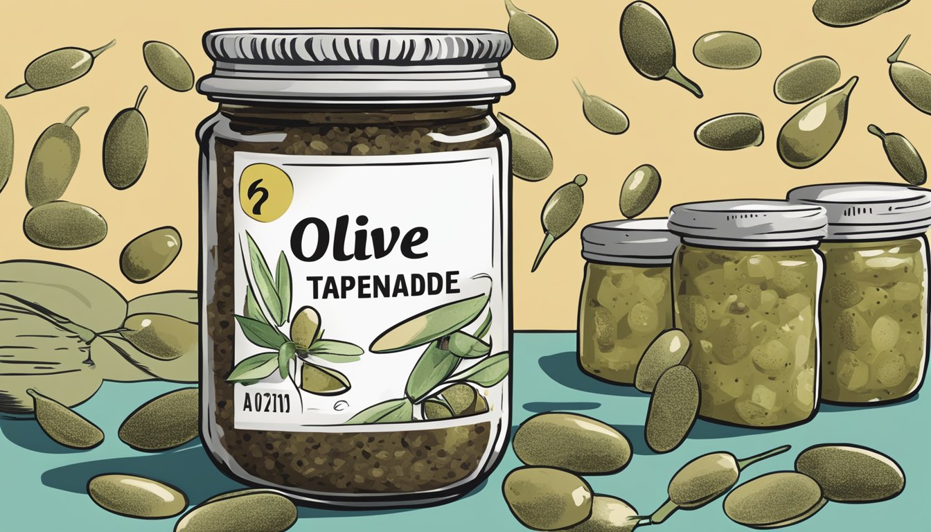 An open jar of expired olive tapenade with a visible expiration date, surrounded by question marks and a concerned expression