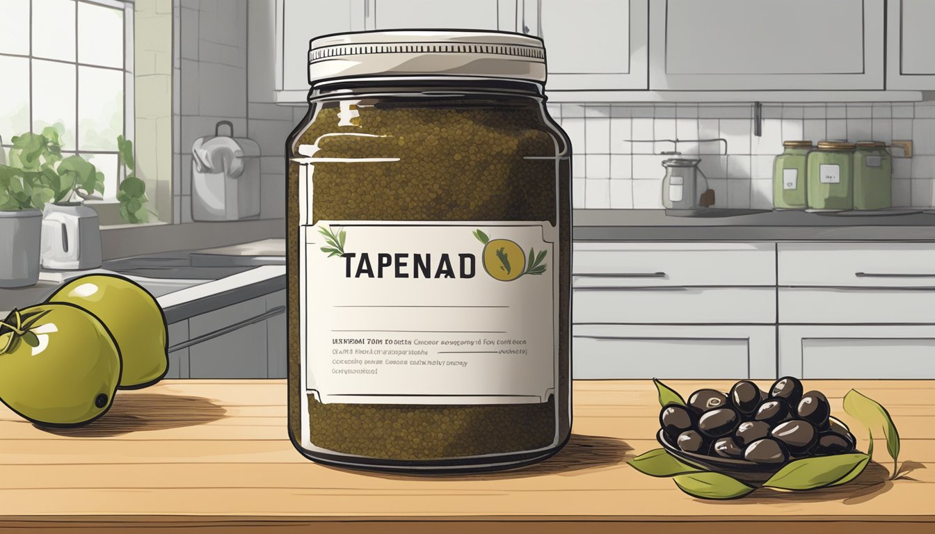 A jar of olive tapenade sits on a kitchen counter, with a label showing the expiration date. A question mark hovers over the jar, indicating uncertainty about its safety to consume