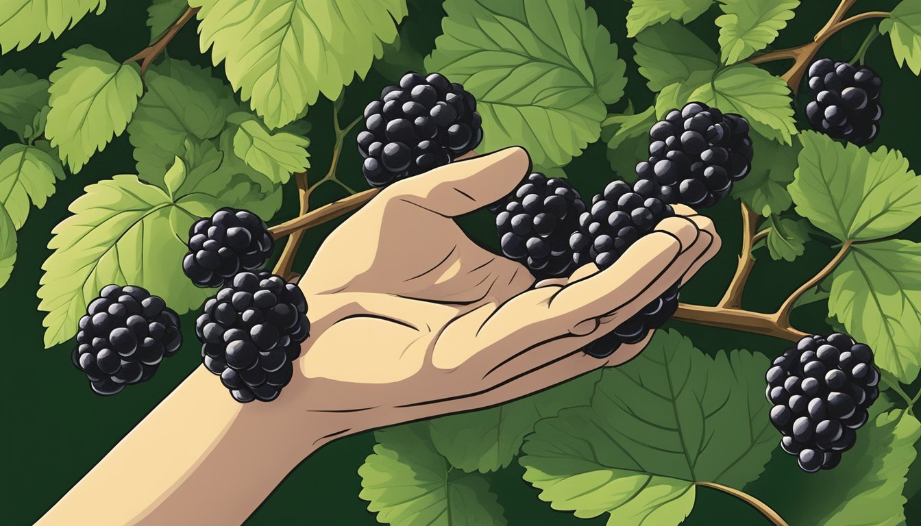 A hand reaching for a cluster of blackberries, some ripe and plump, others still green and unripe, nestled among green leaves on a bush