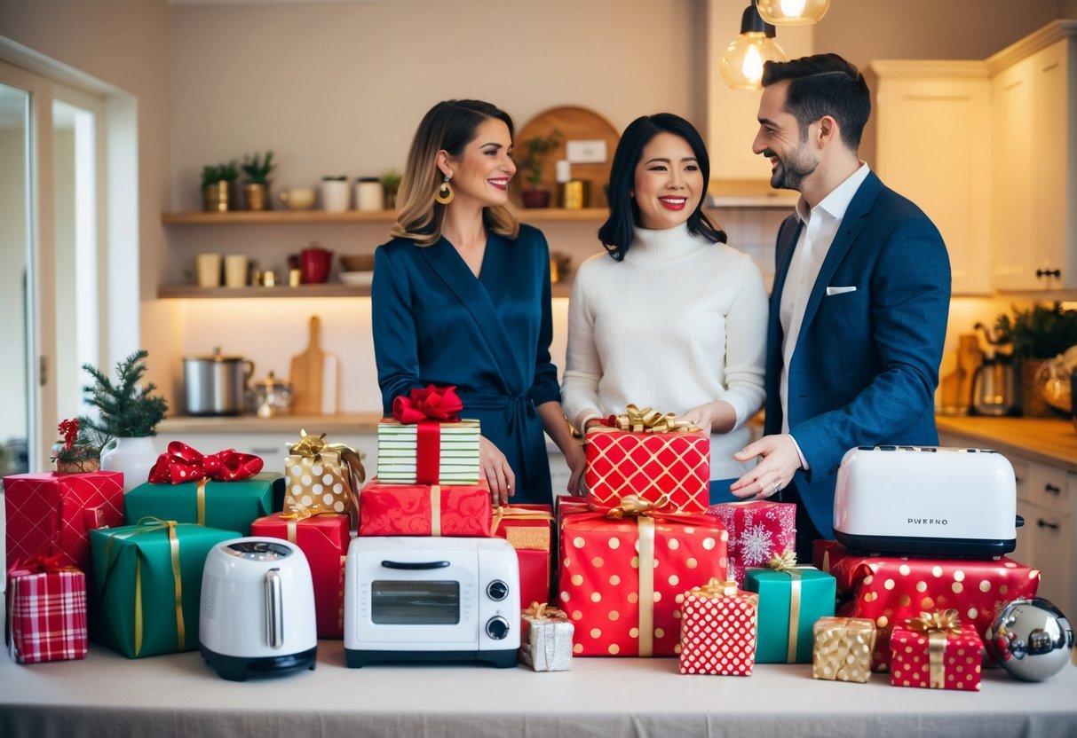 A table filled with wrapped gifts, kitchen appliances, and home decor items. A couple stands beside it, smiling and chatting with their guests