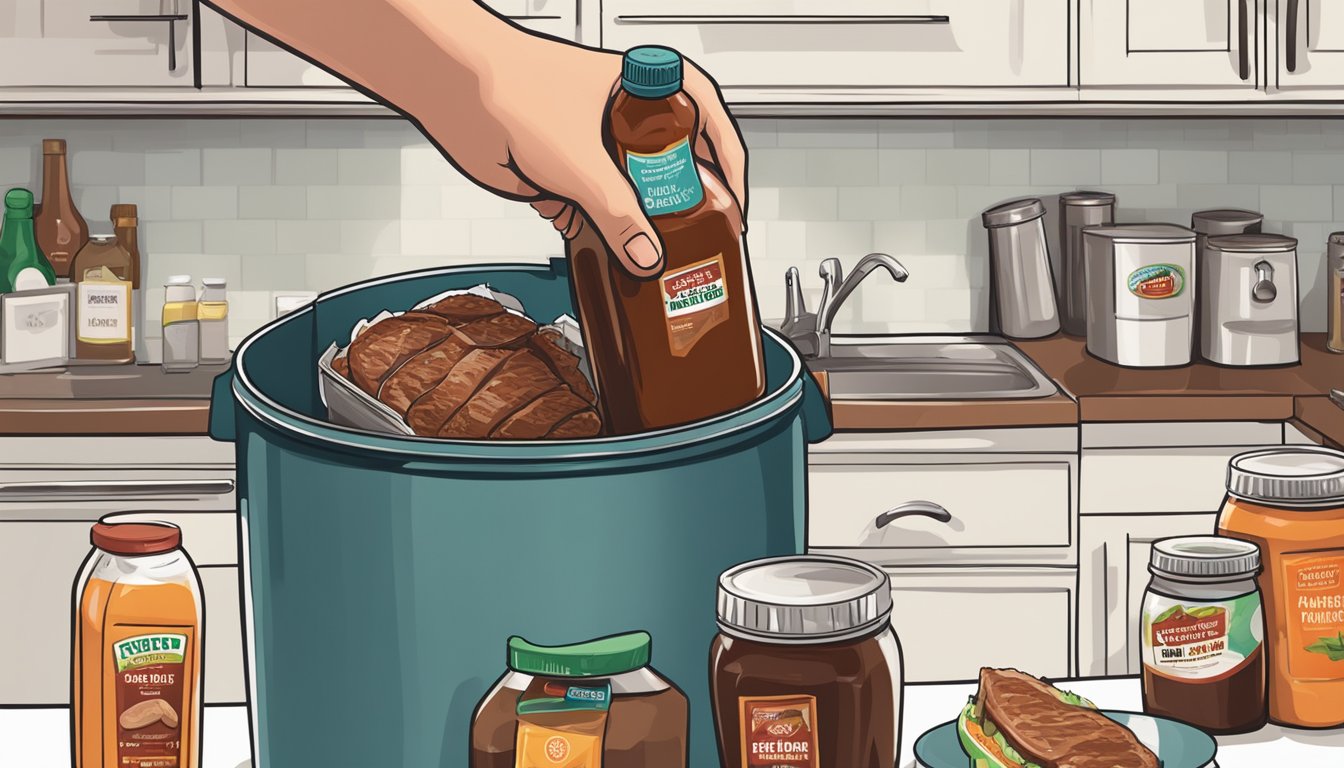 A bottle of expired steak sauce being tossed into a trash can, with various alternative sauce options displayed on a kitchen counter