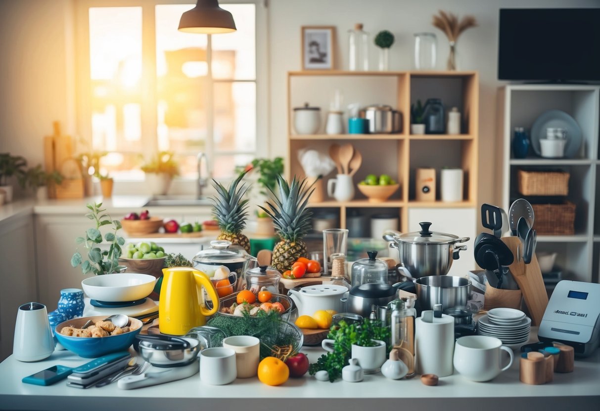 A table filled with various household items, from kitchenware to home decor, arranged neatly with a registry scanner nearby