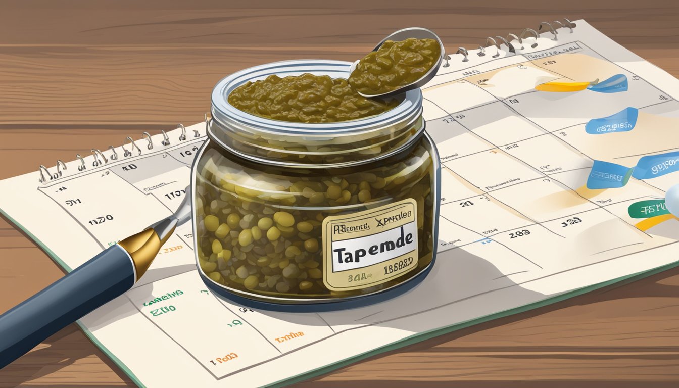 A jar of expired olive tapenade next to a calendar, with a magnifying glass inspecting the label for expiration date