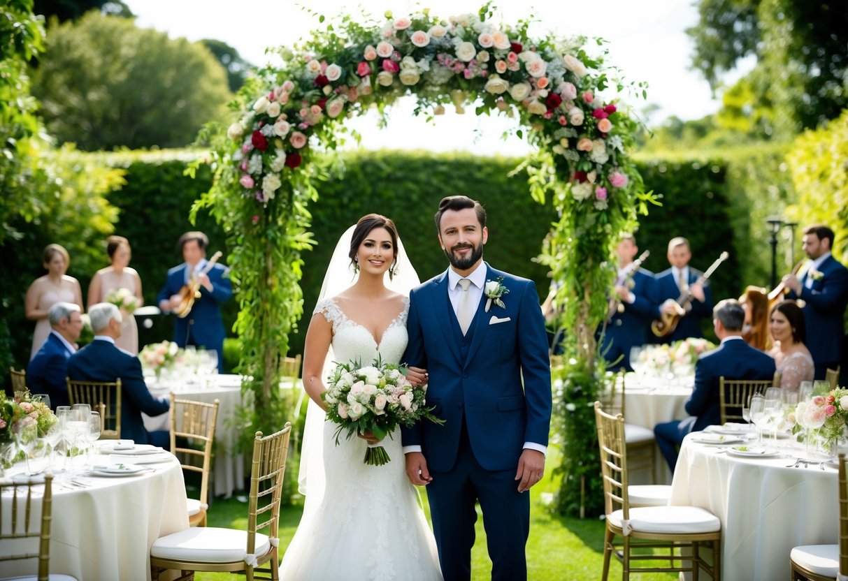 A bride and groom standing under a floral arch in a lush garden, surrounded by family and friends. Tables are set with elegant place settings and a band plays music in the background