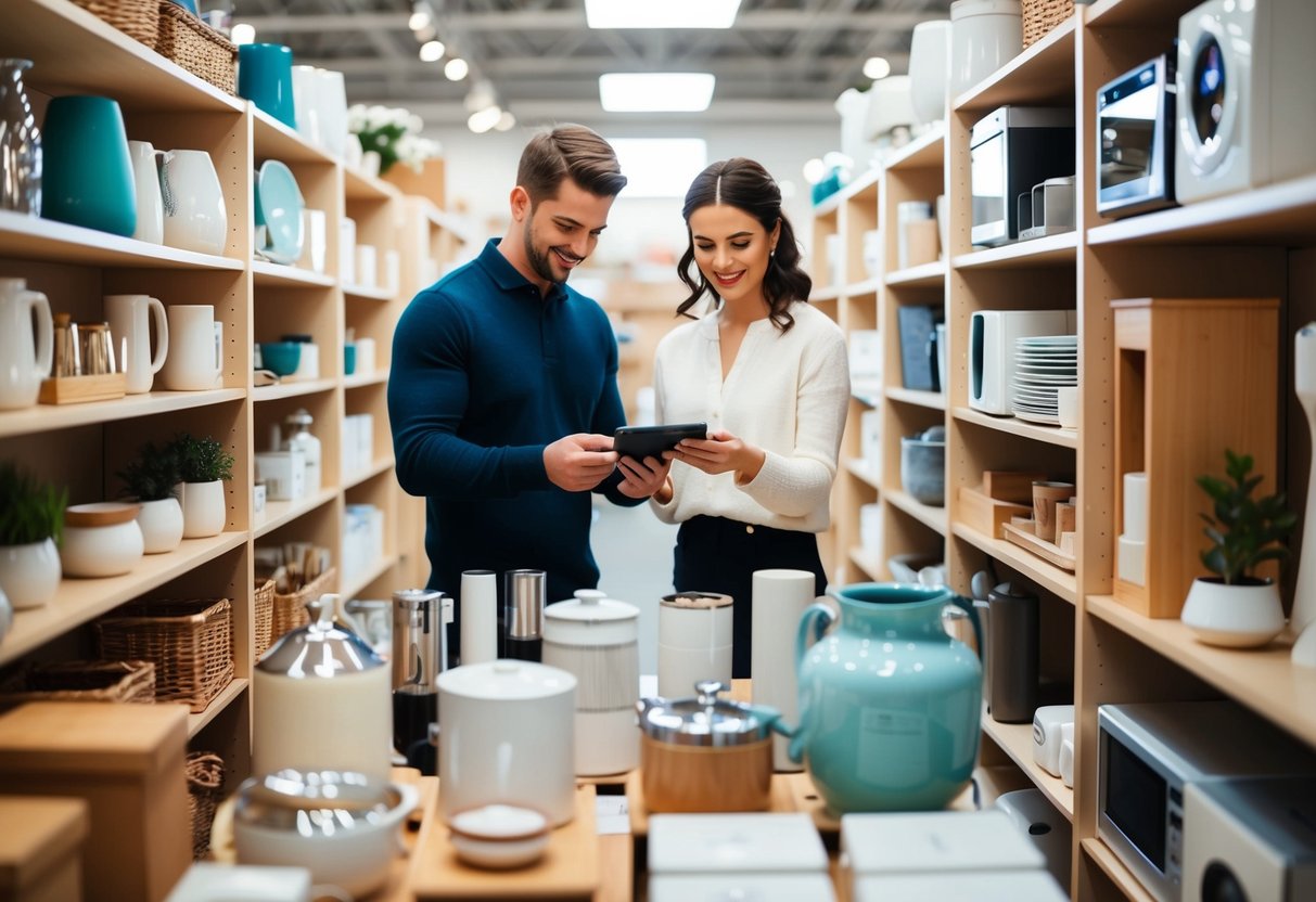 A couple browsing through a variety of household items, scanning and selecting products for their wedding registry