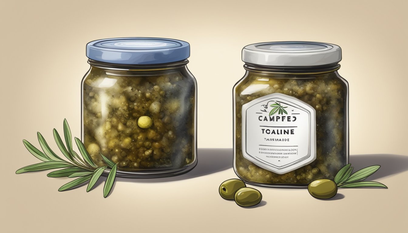 An open jar of expired olive tapenade with a moldy, discolored surface, and a foul odor emanating from it