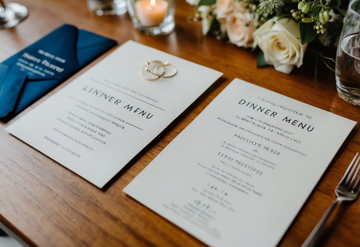 A wedding invitation with a payment request alongside a dinner menu