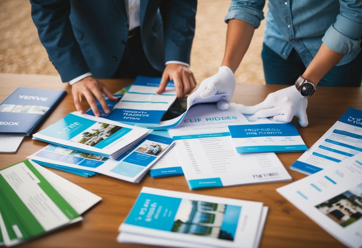 A couple browsing through vendor and venue options, surrounded by brochures and price lists. They appear to be discussing budget and comparing different options