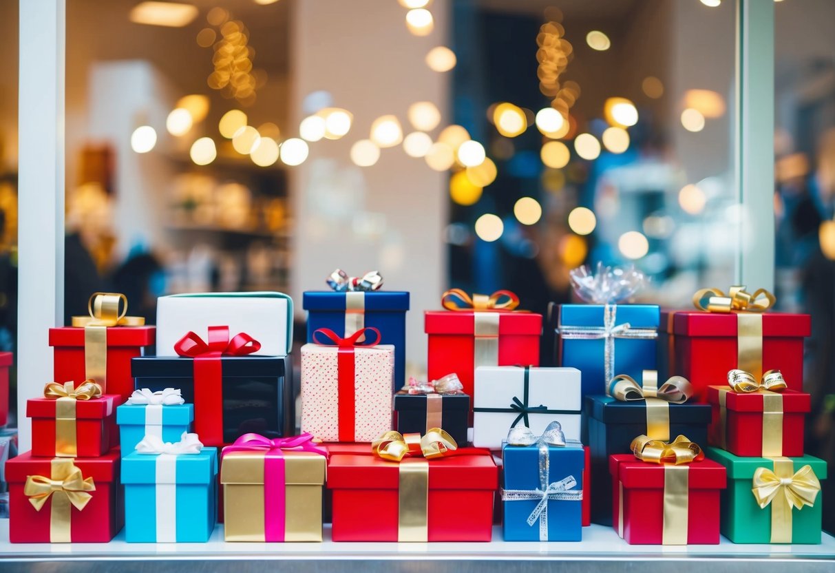 A table with various gifts, from kitchenware to electronics, displayed in a store window