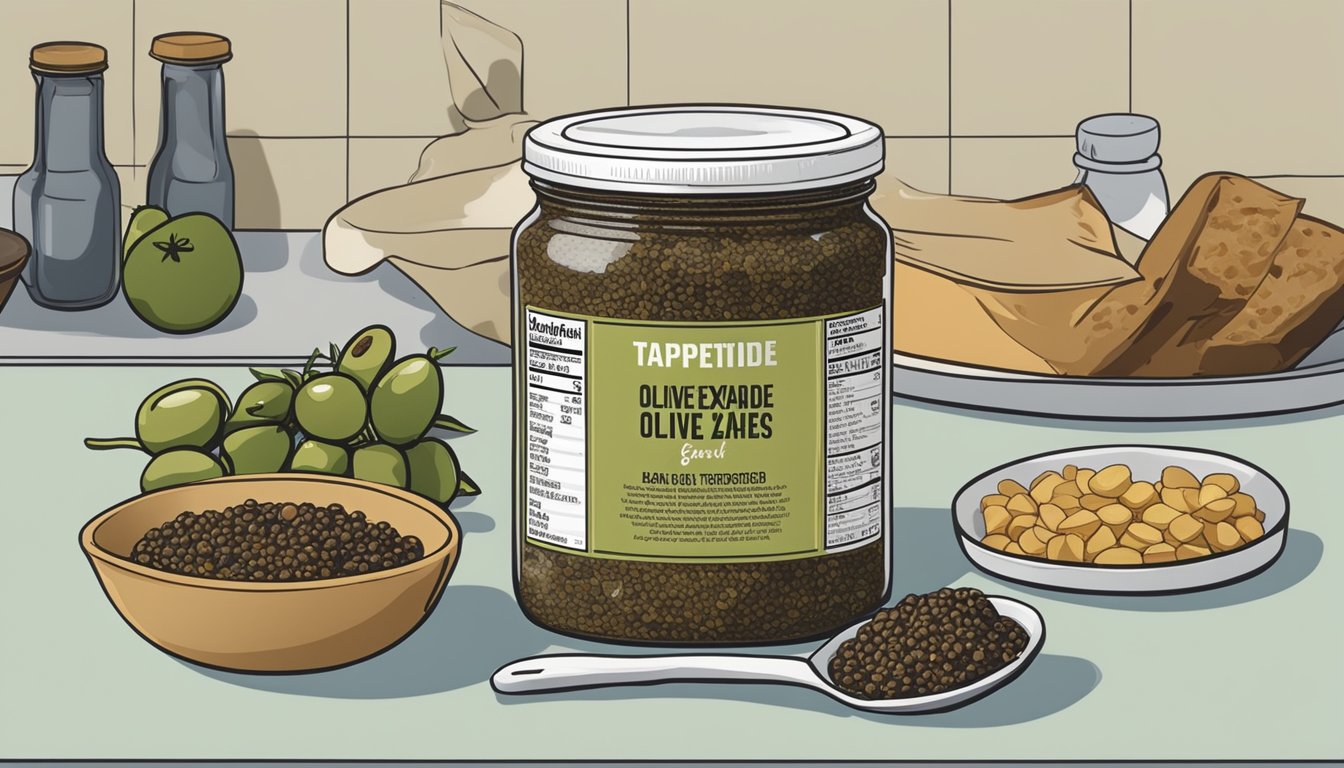 A jar of expired olive tapenade sits on a kitchen counter, surrounded by other food items. The expiration date is clearly visible on the label