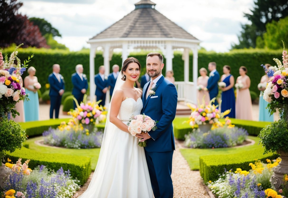 A couple standing in a beautiful garden surrounded by colorful flowers and elegant decorations, with a gazebo in the background where a wedding ceremony is taking place