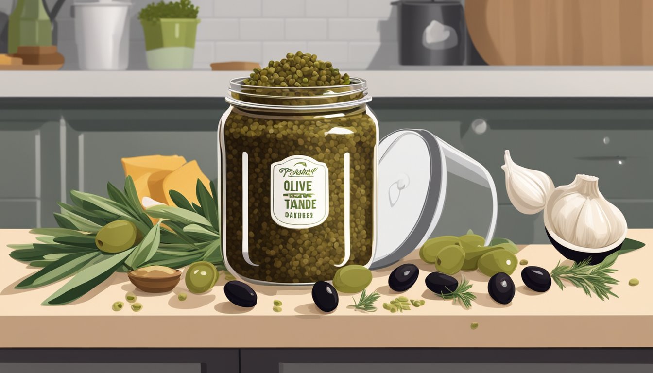 A jar of expired olive tapenade being tossed into a trash can, surrounded by fresh olives, garlic, and herbs on a kitchen counter