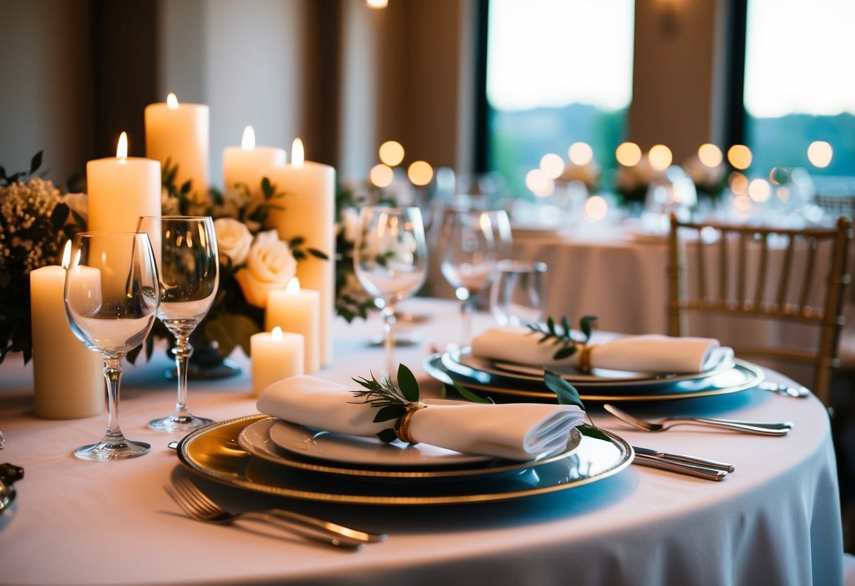 A beautifully set table with elegant place settings and flickering candlelight