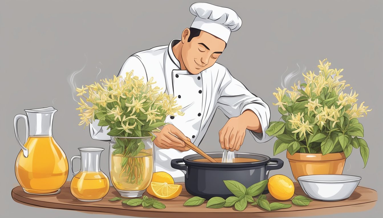 A chef carefully plucks honeysuckle flowers and infuses them into a pot of simmering syrup, creating a fragrant and sweet culinary concoction