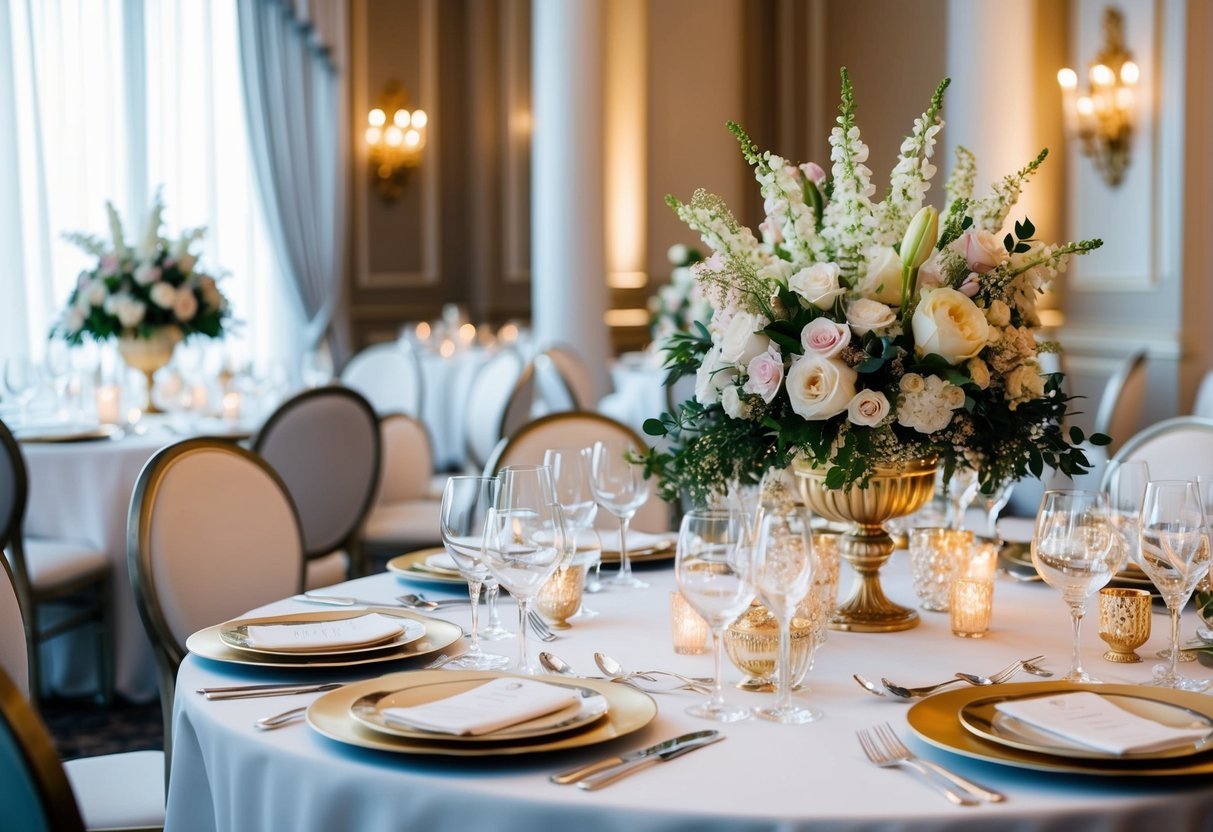 A lavish table setting with elegant dinnerware, crystal glasses, and ornate floral centerpieces in a sophisticated venue