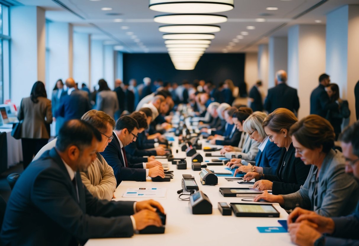 A crowded room with various items being registered by people at a long table