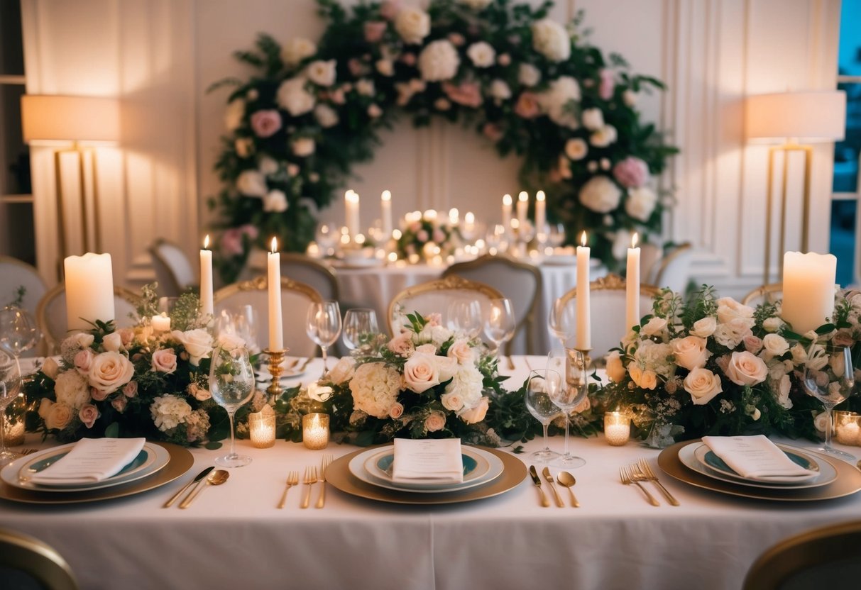 A grand dining table set with elegant dinnerware and candles, surrounded by lush floral arrangements and soft lighting