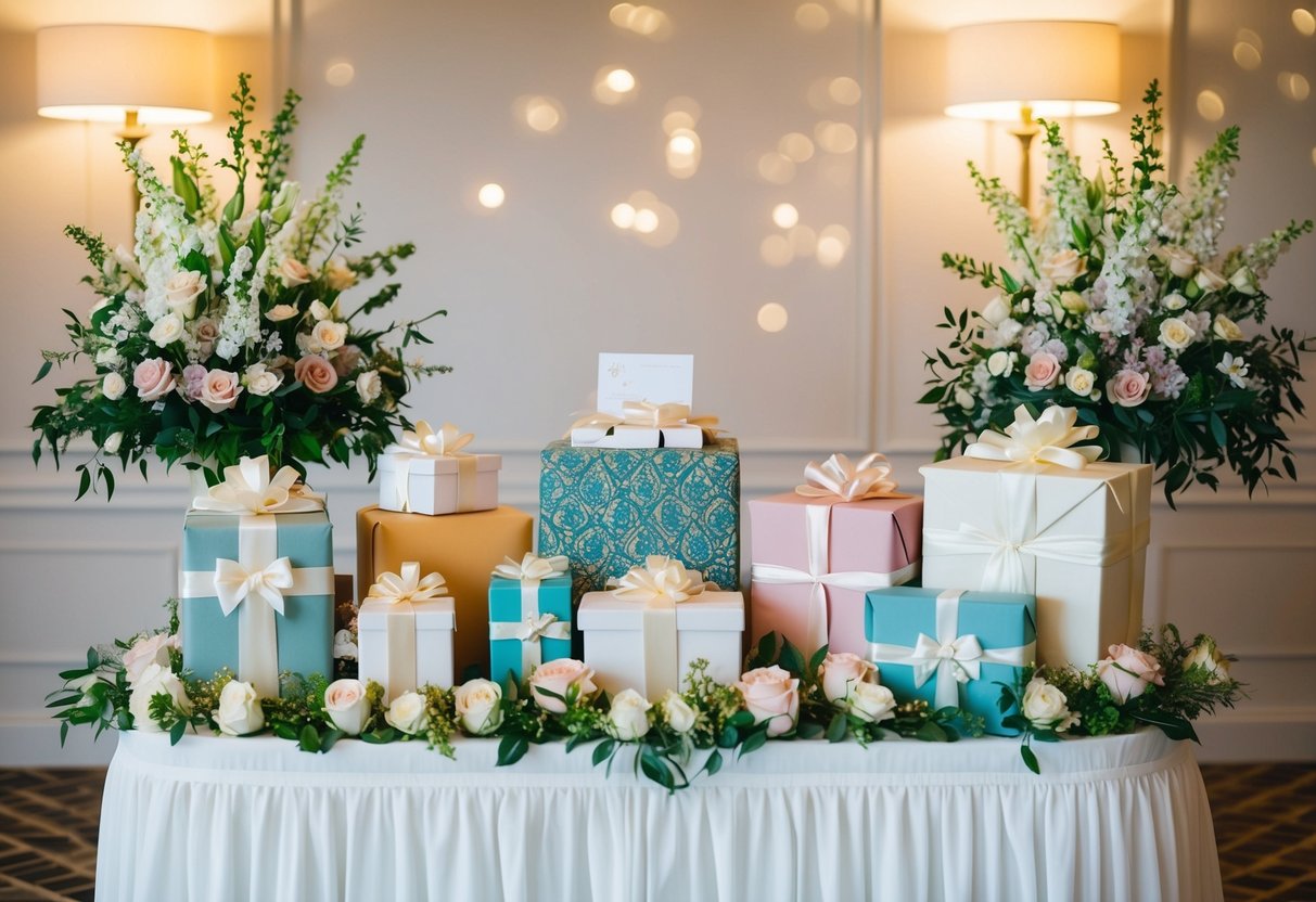 A beautifully decorated wedding gift table with various wrapped presents and a decorative card box, surrounded by elegant floral arrangements and soft lighting