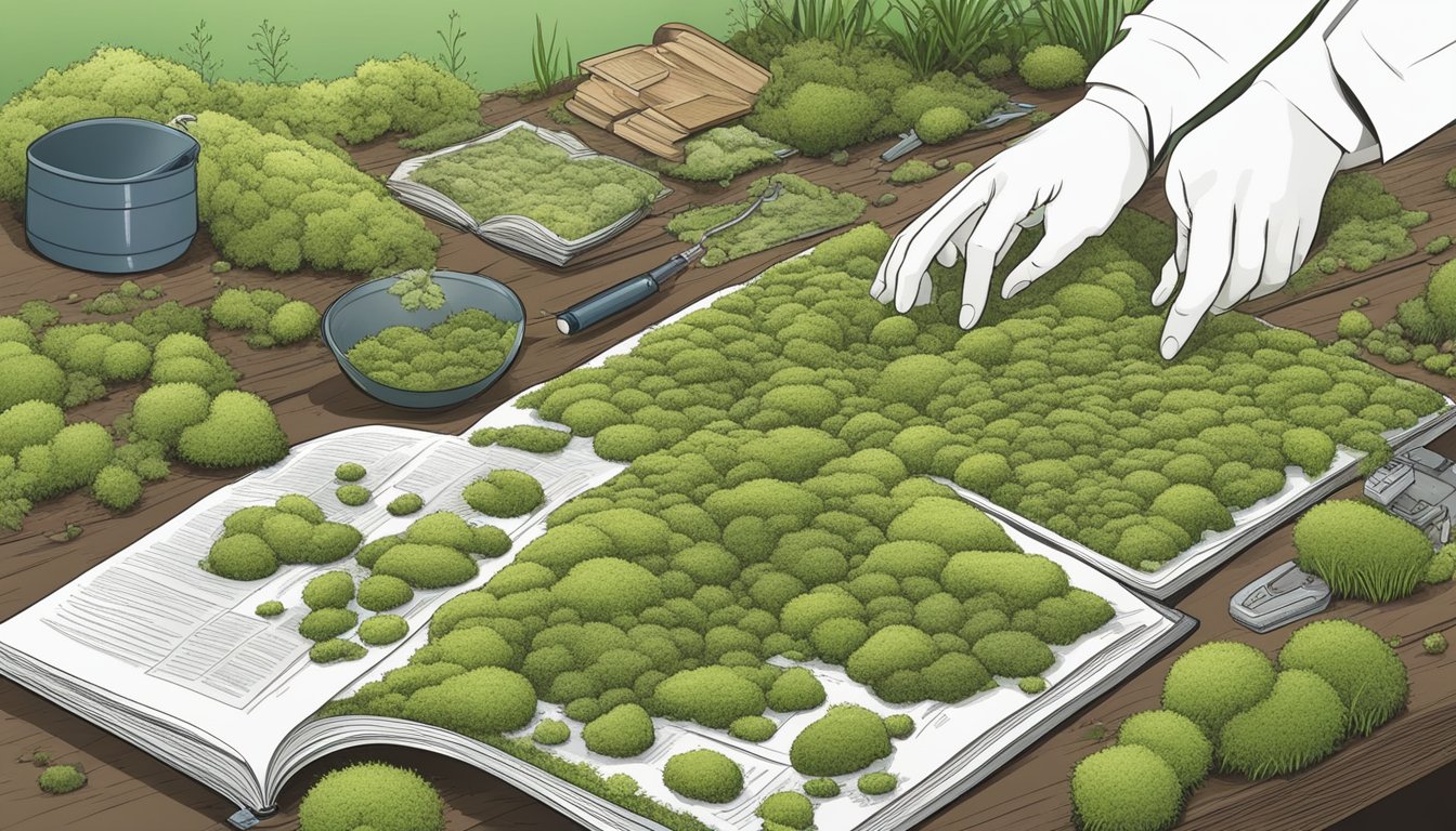 A person inspecting moss for edibility, surrounded by various types of moss and a guidebook on safe foraging