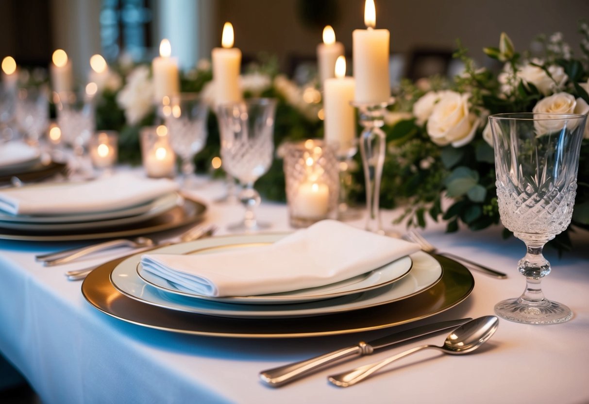 A beautifully set table with elegant dinnerware, crystal glasses, and flickering candlelight