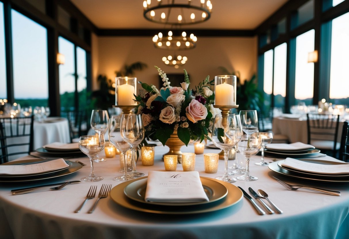 A beautifully set table with elegant place settings, flickering candlelight, and a floral centerpiece creates an atmosphere of sophistication and romance for a memorable evening rehearsal dinner