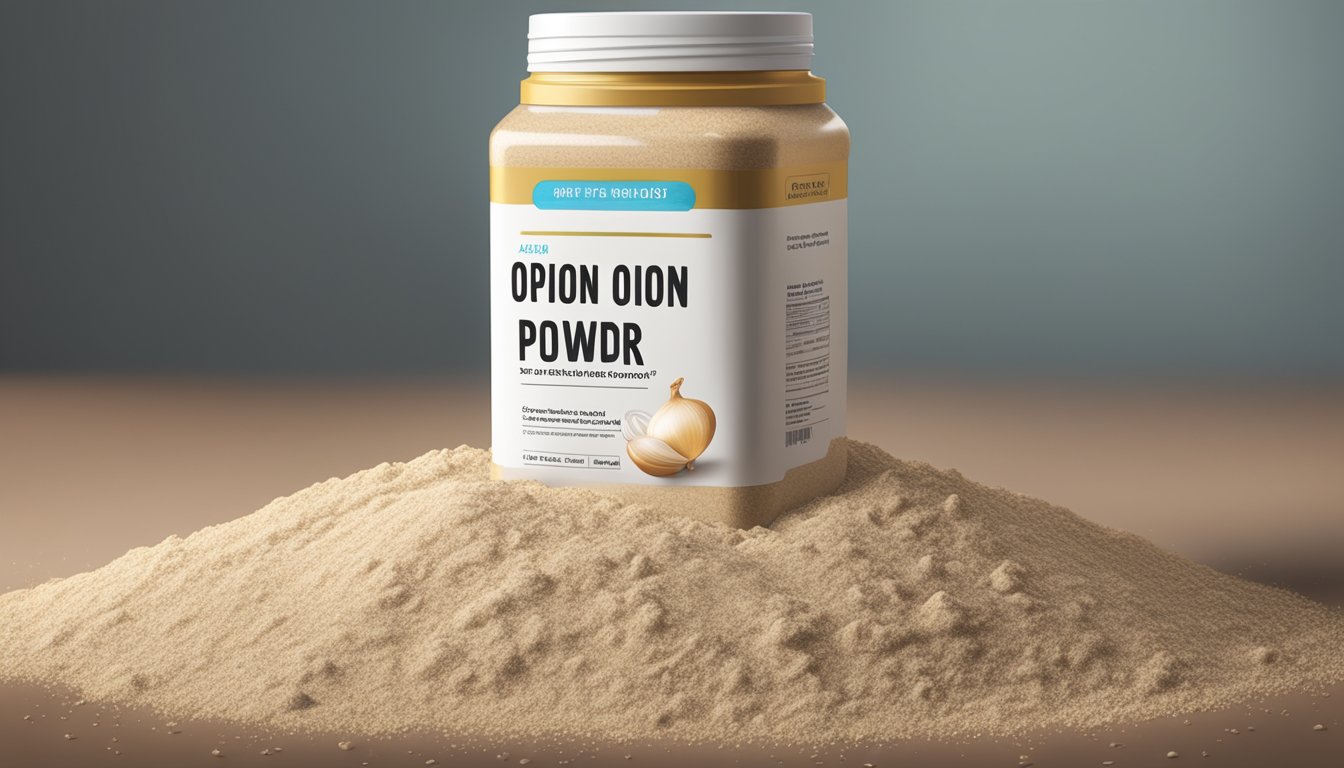 A pile of expired onion powder spilling out of an open container, with a warning label and a question mark hovering above