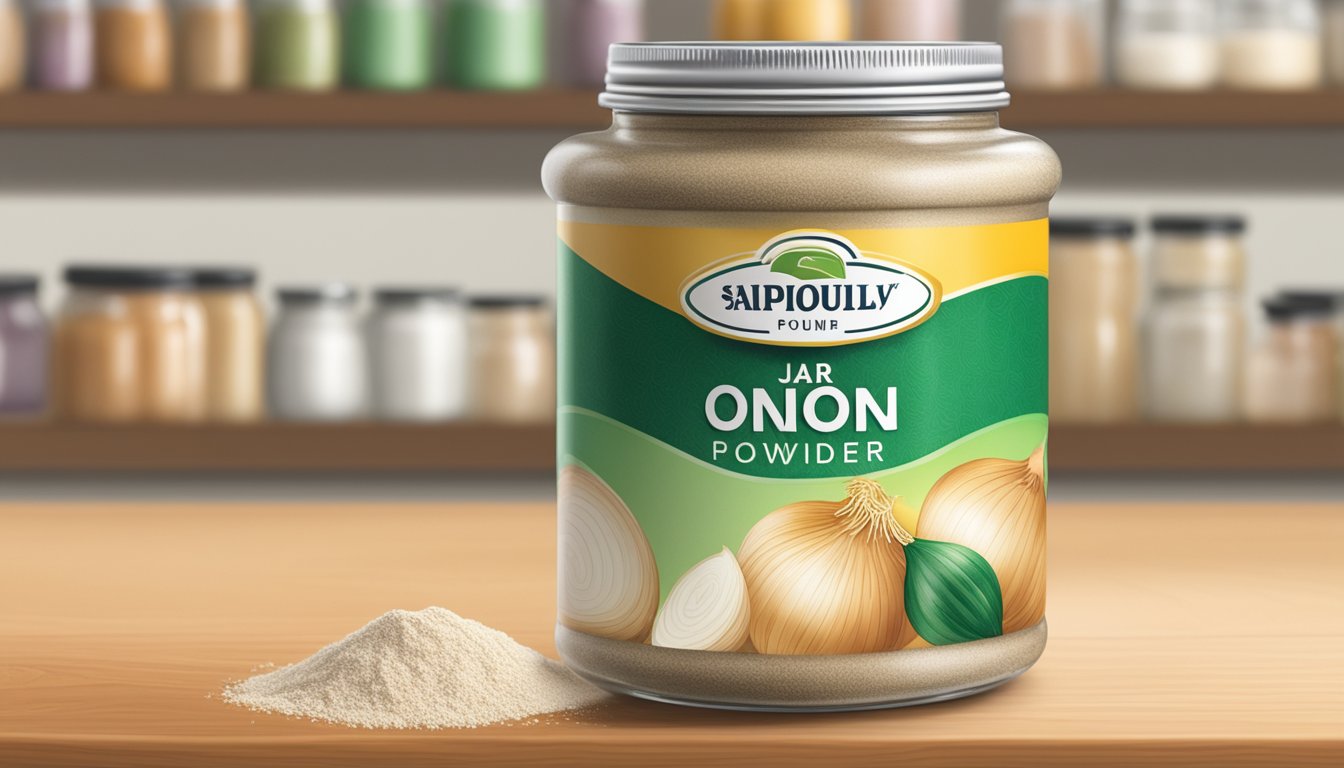 A jar of onion powder sits on a shelf, showing signs of clumping and discoloration due to exposure to light and moisture