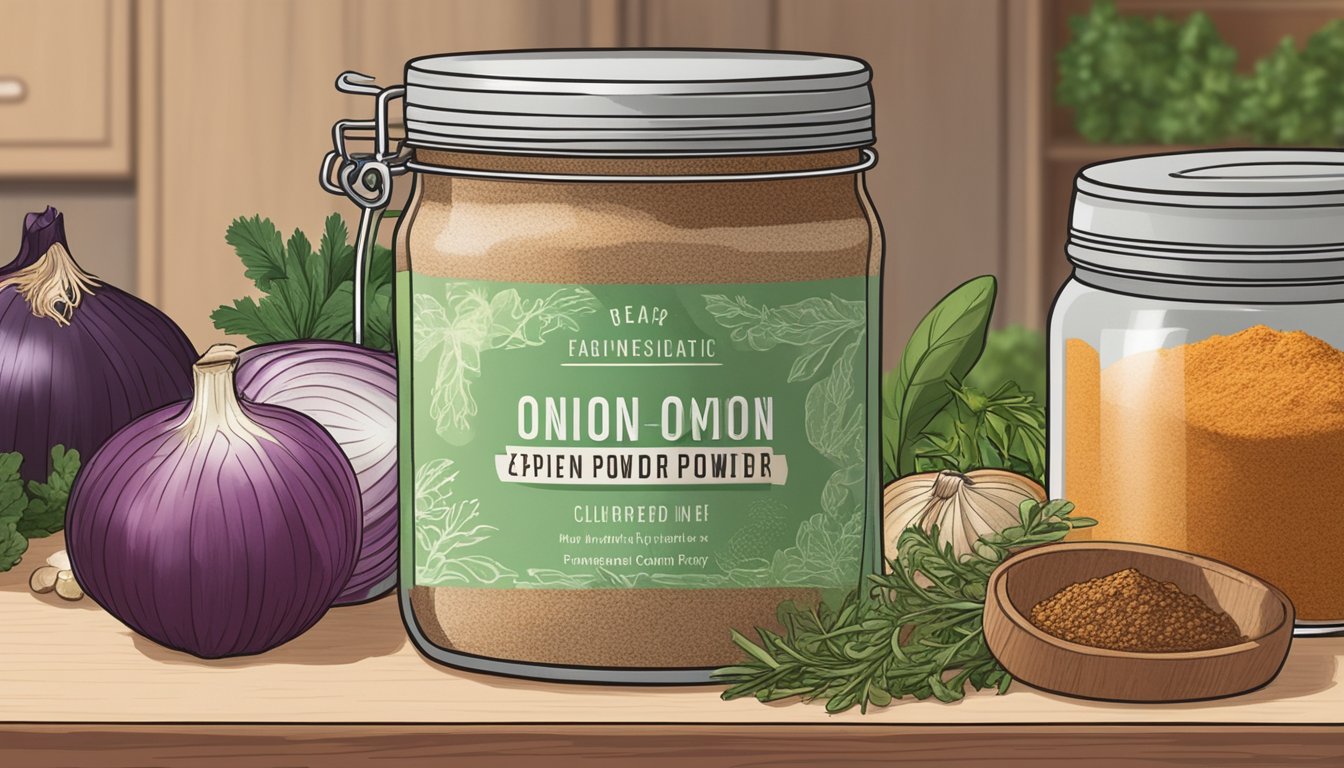 A jar of expired onion powder sits on a kitchen counter, surrounded by various spices and herbs. The lid is slightly ajar, and the powder inside appears discolored and clumped together