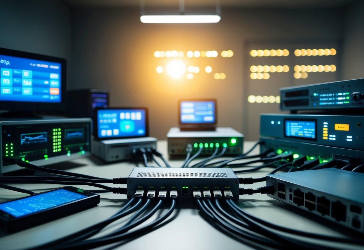 Various electronic devices and cables connect to a central hub in a dimly lit room, with blinking lights and digital displays indicating activity in the registry