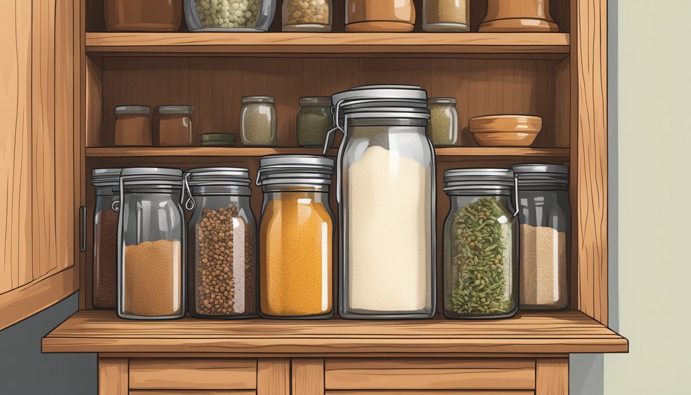 An open spice cabinet with a jar of expired onion powder next to fresh spices